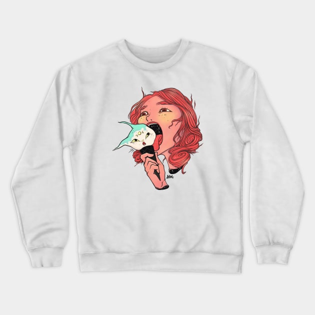 Girl Licking Cat Head Ice Cream Cone Crewneck Sweatshirt by cellsdividing